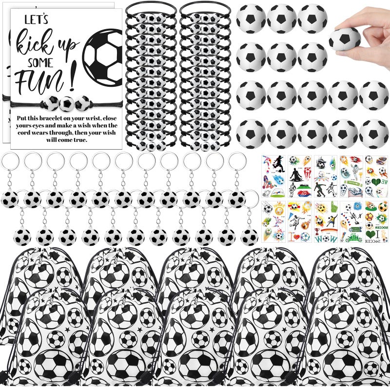 Equsion 144 Pcs Soccer Party Favors Drawstring Bags with Adjustable Bracelets Stress Balls Keychains Stickers and Wish Cards for Birthday Gifts Kids Soccer Themed Party Supplies - Image 3