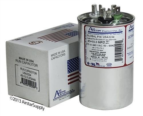 AMRAD American Standard Replacement - 45 + 10 uf/Mfd 370/440 VAC AmRad Round Dual Universal CapacitorReplacement Made in The U.S.A. - Image 1