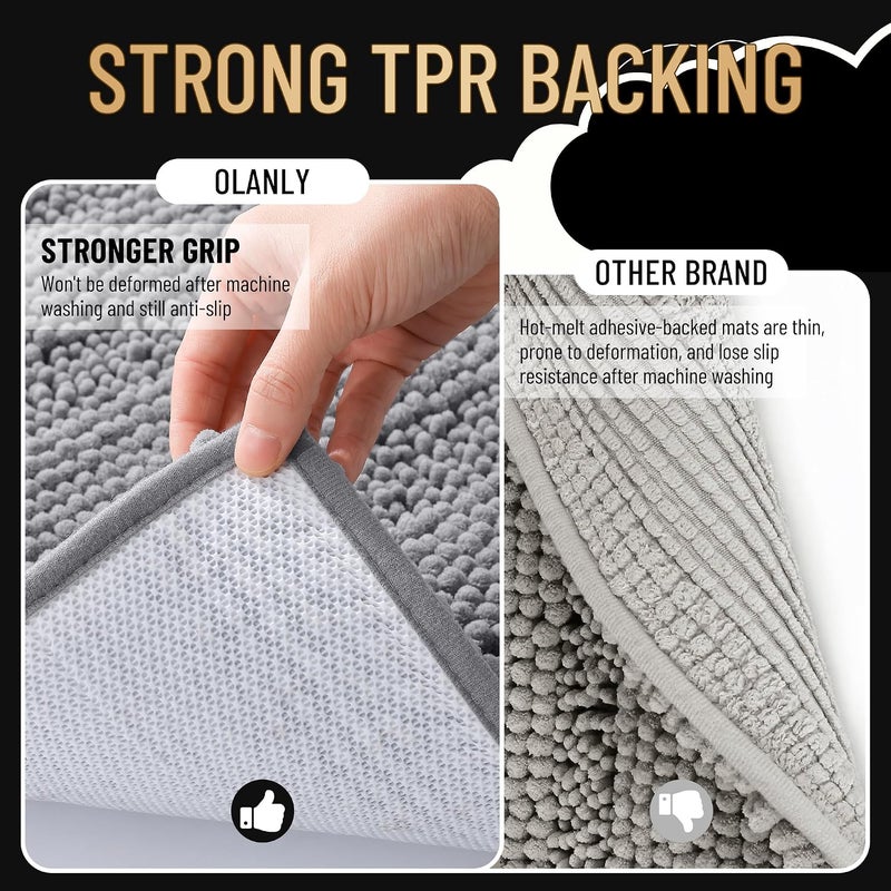 OLANLY Thick Chenille Bathroom Rug 30x20, Striped Bath Mat, Grey - Ultra Absorbent, Non-Slip Rubber Backing, Machine Washable, Soft & Fluffy for Bathroom Floor, Tub, Shower, Home Decor - Image 5