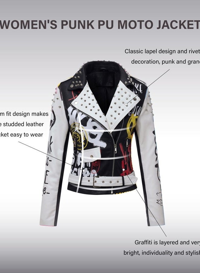 RISISSIDA Women Faux Leather Jacket Studded Rivet Spring Fall Fashion, Hip-Length Moto Biker Trendy Clothes Streetwear Belted, 77 Black-white, M - Image 5