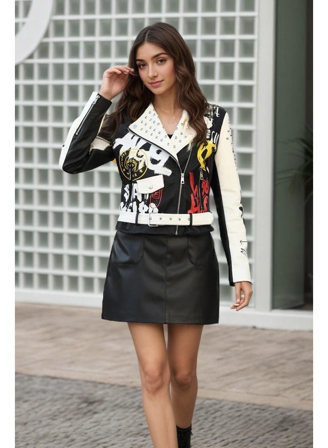 RISISSIDA Women Faux Leather Jacket Studded Rivet Spring Fall Fashion, Hip-Length Moto Biker Trendy Clothes Streetwear Belted, 77 Black-white, M - Image 2