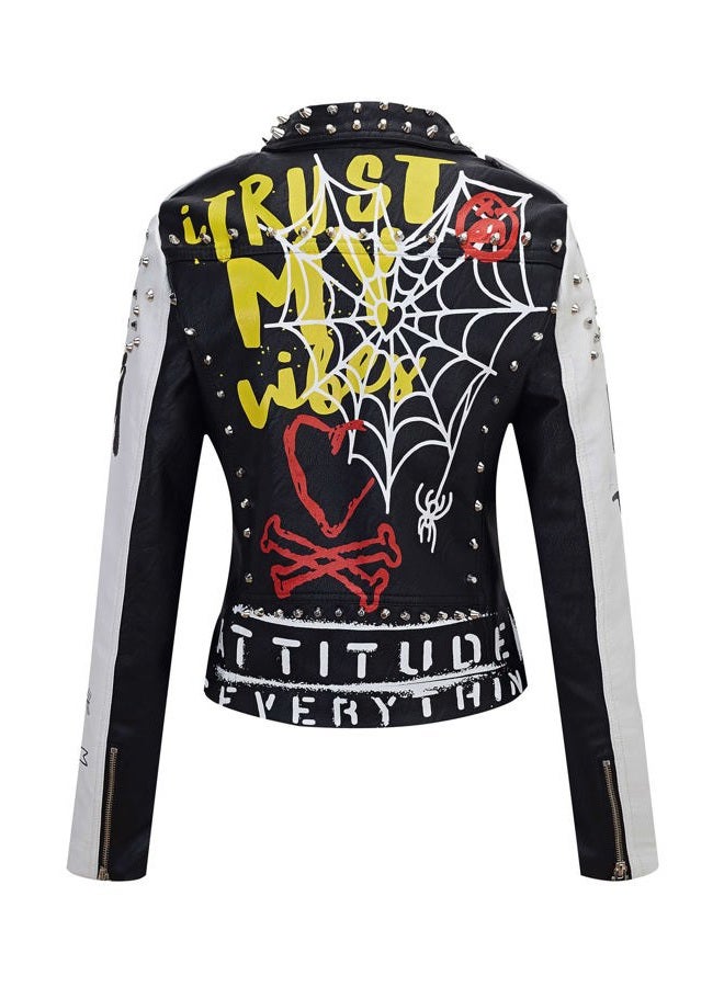 RISISSIDA Women Faux Leather Jacket Studded Rivet Spring Fall Fashion, Hip-Length Moto Biker Trendy Clothes Streetwear Belted, 77 Black-white, M - Image 3
