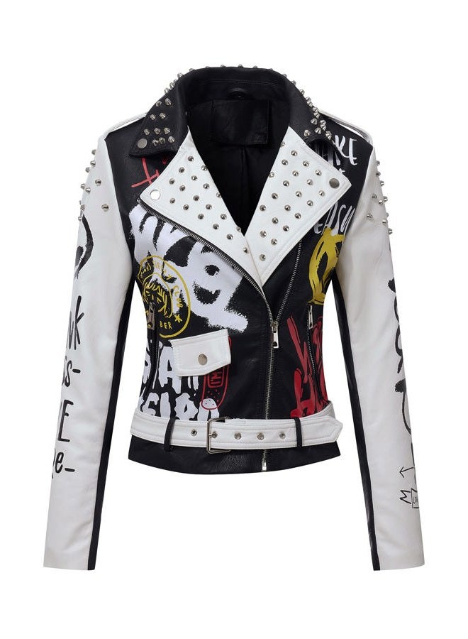 RISISSIDA Women Faux Leather Jacket Studded Rivet Spring Fall Fashion, Hip-Length Moto Biker Trendy Clothes Streetwear Belted, 77 Black-white, M - Image 1