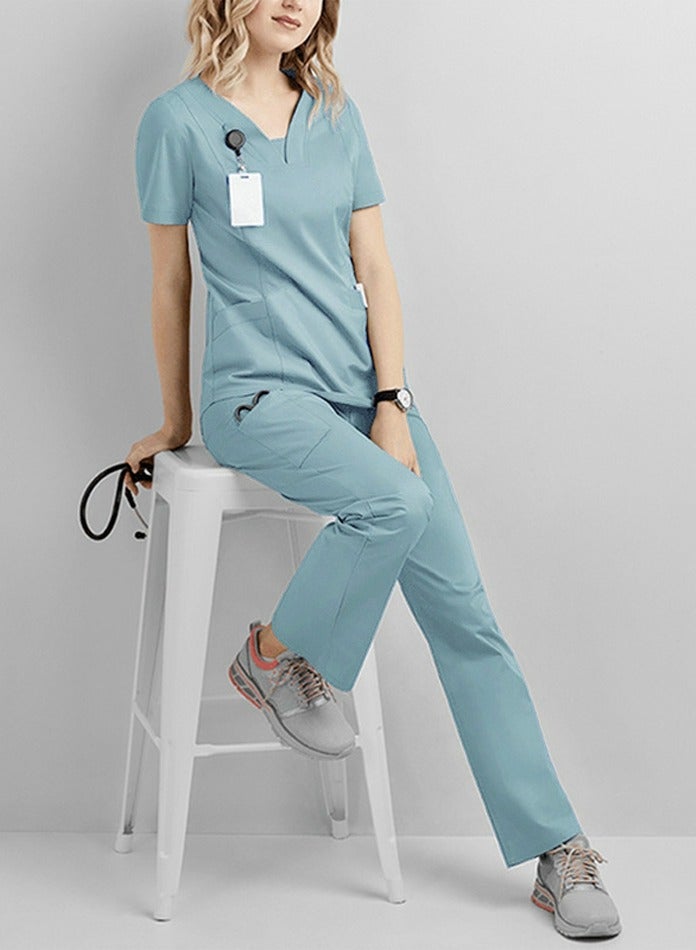 Loquat Solid Color Medical Uniform Scrubs 2 Piece Set V-Neck Top and Loose Pants  Set Light Blue - Image 1