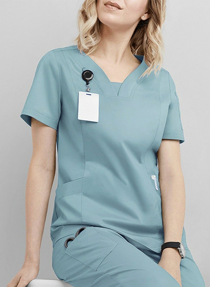 Loquat Solid Color Medical Uniform Scrubs 2 Piece Set V-Neck Top and Loose Pants  Set Light Blue - Image 2