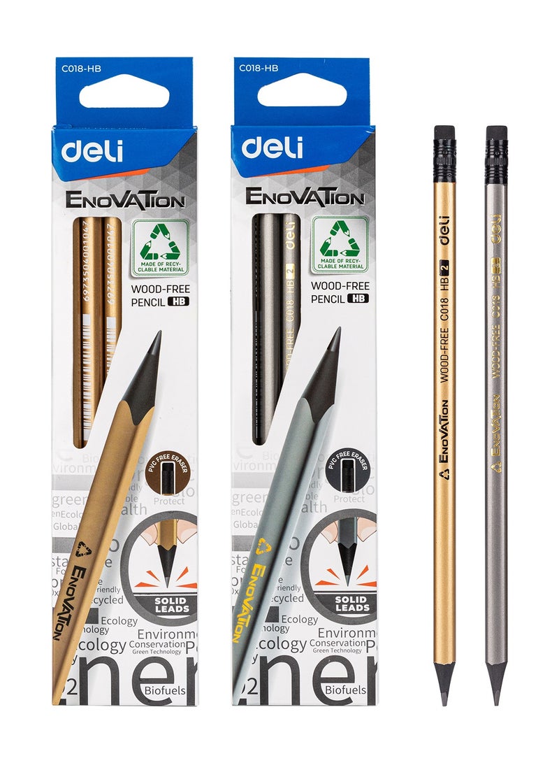 Deli قلم رصاص جرافيت خالي من الخشب مسبق الشحذ، دeli EC018-HB ENOVATION HB PS، أسطواني سداسي، φ2.2mm، رأس ممحاة، مجموعة ذهبية/فضية، 12 قطعة - Image 1