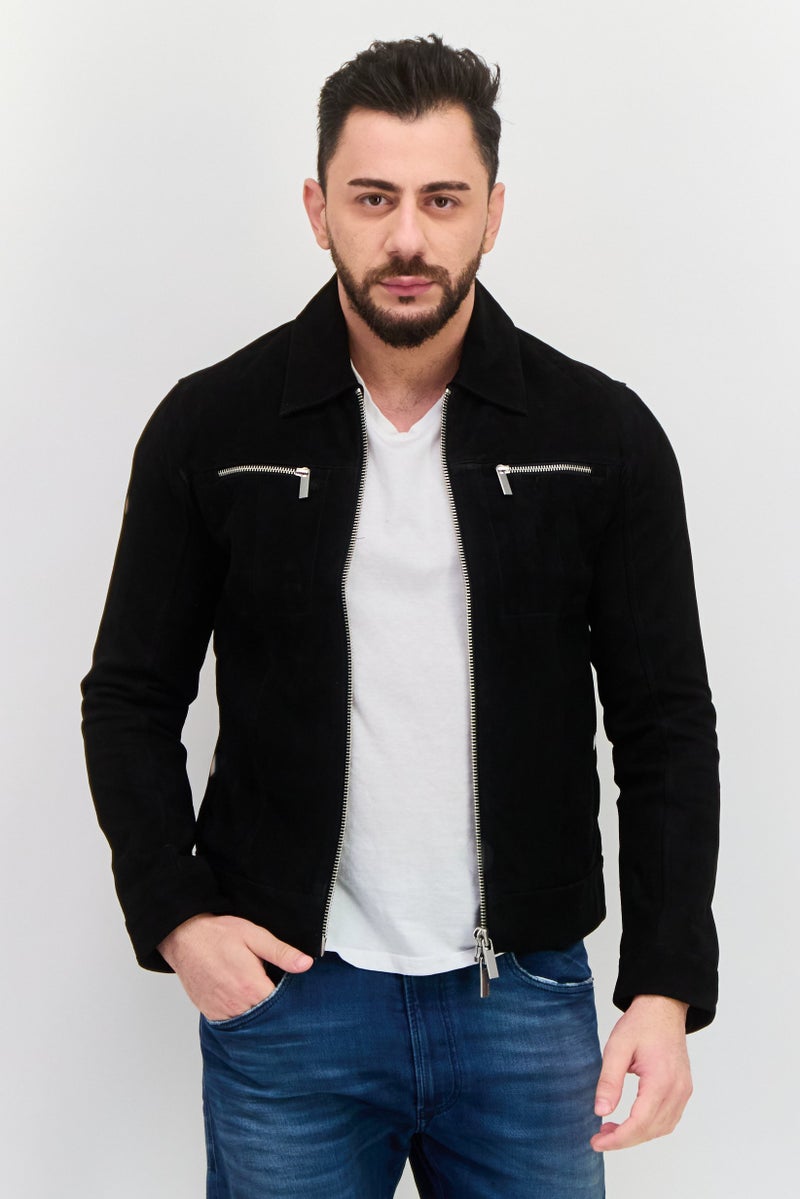 SELECTED جاكيت دراجة نارية من جلد السويد للرجال، أسود - Image 1