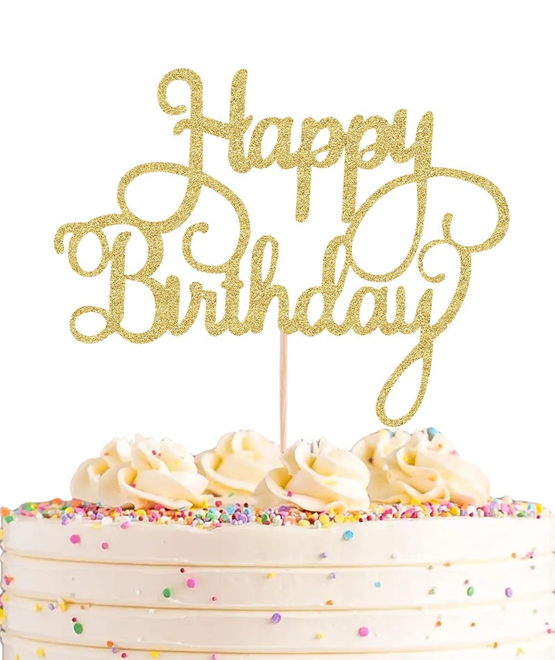AHAORAY Happy Birthday Cake Topper - Gold Glitter Happy Birthday Cake Bunting Decor - Birthday Party Cake Decoration Supplies  for Photo Booth Props - Image 1
