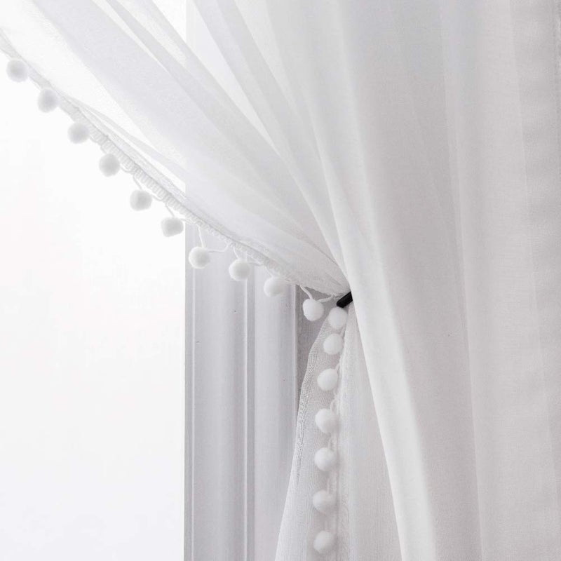 MISS SELEcTEX Linen Look Pom Pom Tasseled Sheer curtains - Rod Pocket Voile Semi-Sheer curtains for Living and Bedroom  Set of 2 curtain Panels (52 x 95 inch  White) - Image 2