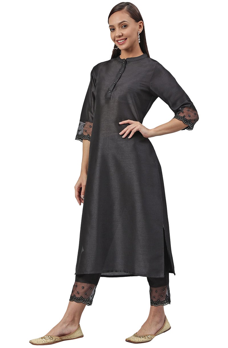 Janasya Women's Black Silk Blend Straight Kurta with Pant Set (SET335-KR-NP_XS) - Image 2