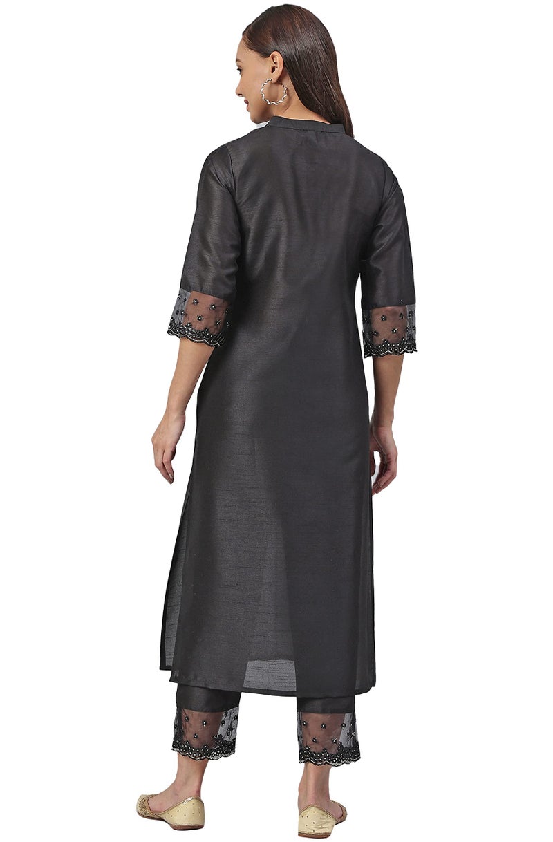 Janasya Women's Black Silk Blend Straight Kurta with Pant Set (SET335-KR-NP_XS) - Image 3