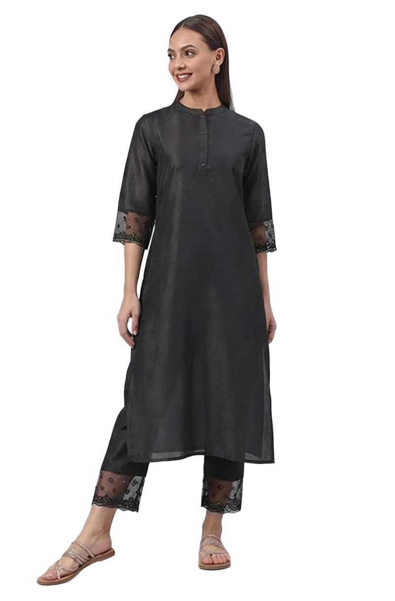 Janasya Women's Black Silk Blend Straight Kurta with Pant Set (SET335-KR-NP_XS) - Image 1