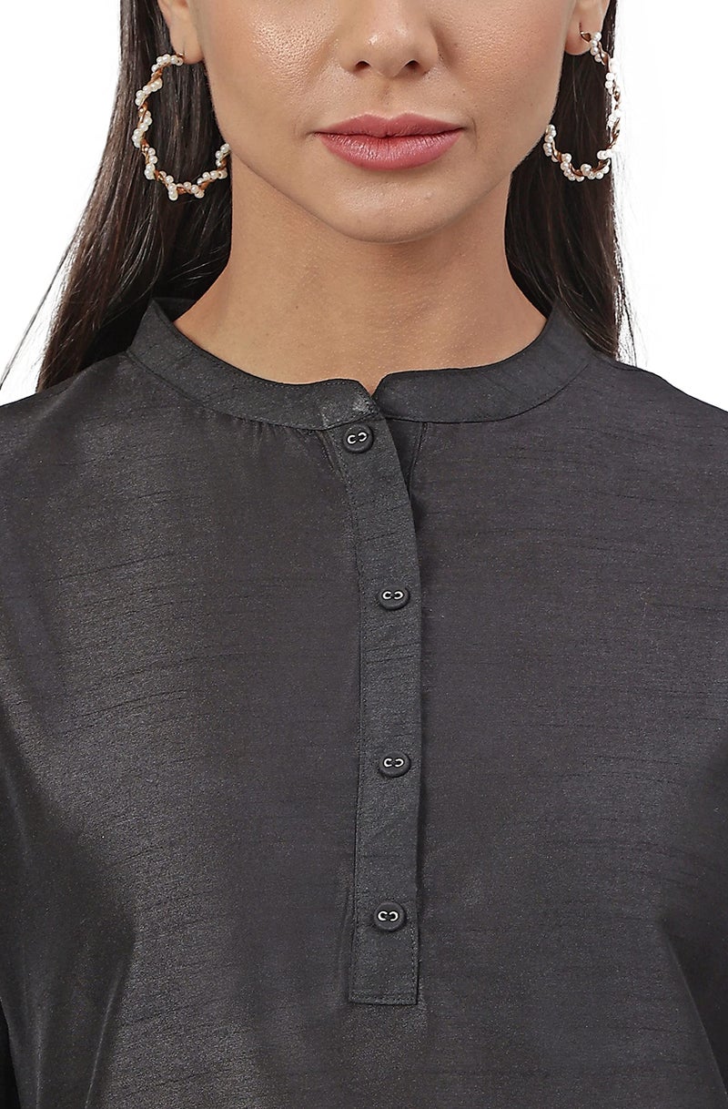 Janasya Women's Black Silk Blend Straight Kurta with Pant Set (SET335-KR-NP_XS) - Image 4