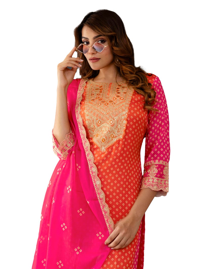 TRENDMALLS Women's Chiffon Embroidery Bandhani Print Salwar Suit Set Kurta Pant with Dupatta (G289-Orange-XL) - Image 1
