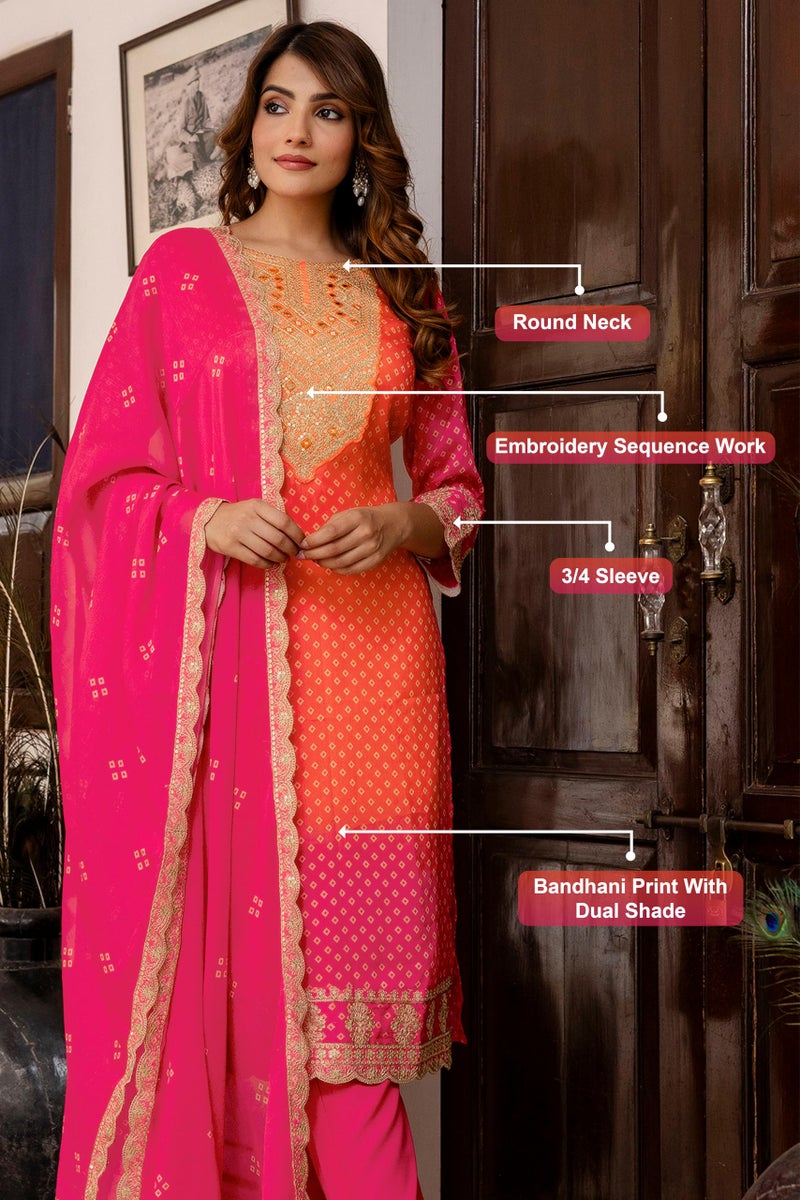 TRENDMALLS Women's Chiffon Embroidery Bandhani Print Salwar Suit Set Kurta Pant with Dupatta (G289-Orange-XL) - Image 4