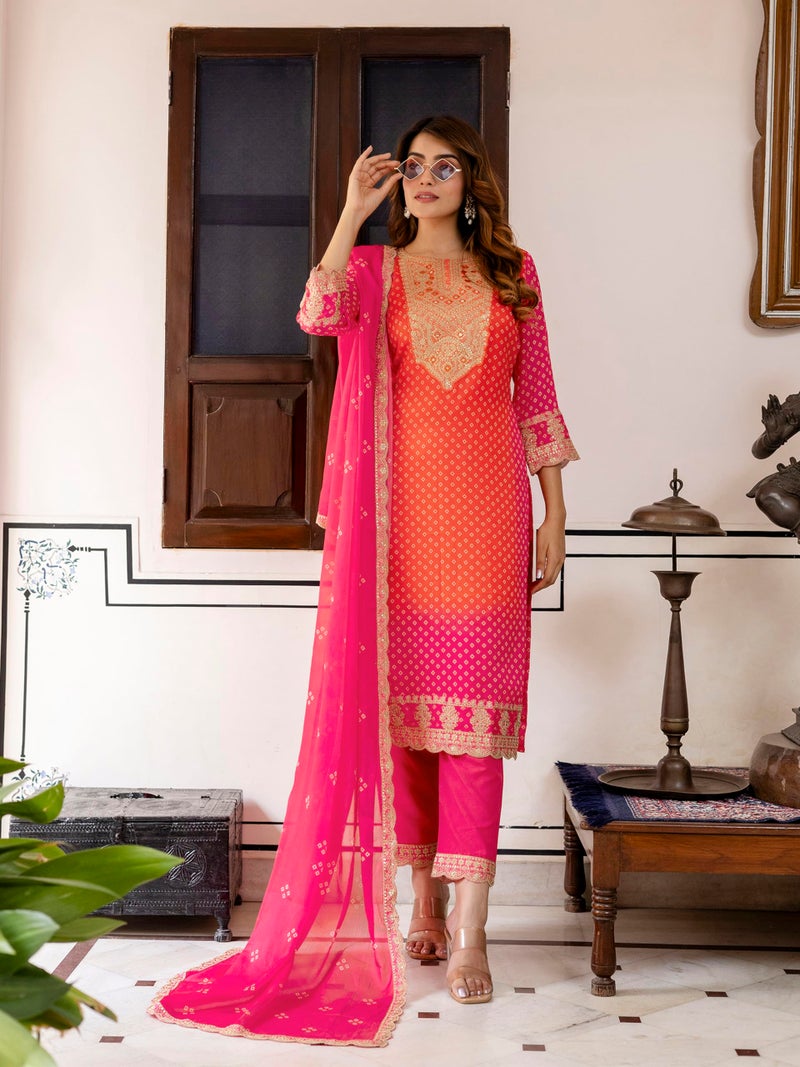 TRENDMALLS Women's Chiffon Embroidery Bandhani Print Salwar Suit Set Kurta Pant with Dupatta (G289-Orange-XL) - Image 3