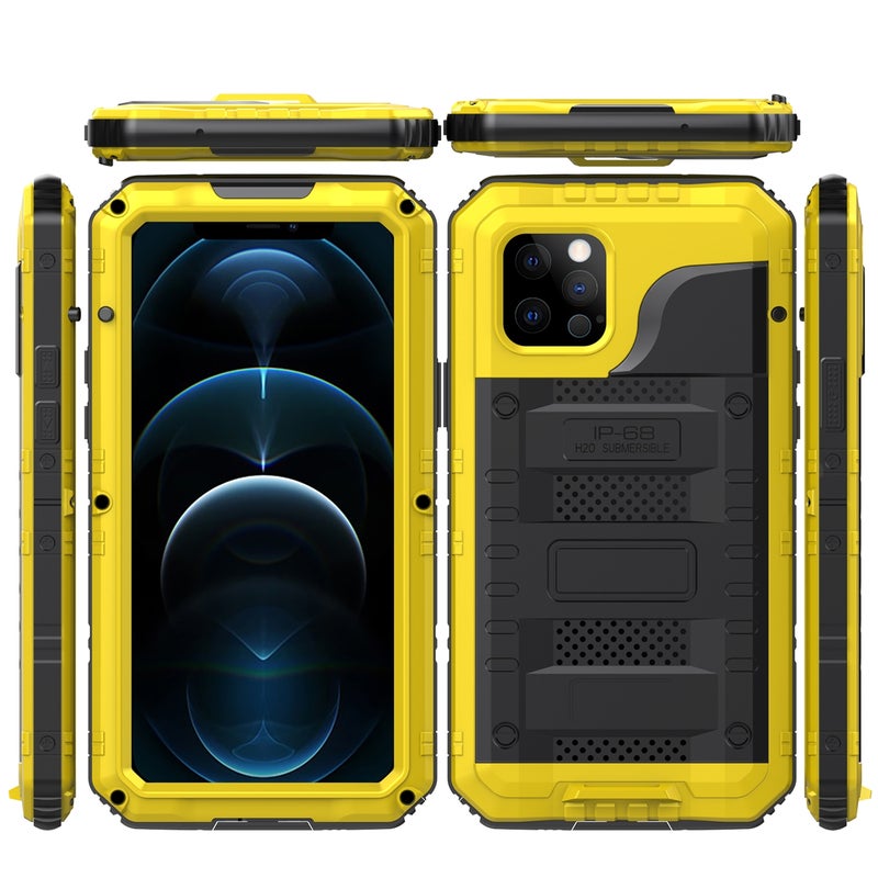 BURAQ Case Cover For iPhone 12 Pro Max Metal + Silicone Phone Case with Screen Protector(Yellow) - Image 2