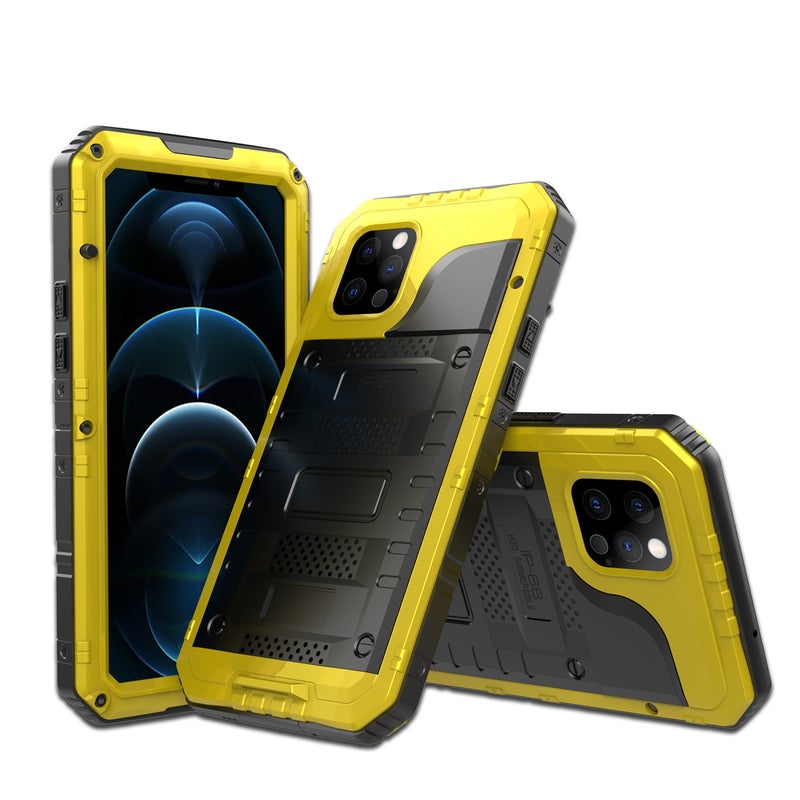 BURAQ Case Cover For iPhone 12 Pro Max Metal + Silicone Phone Case with Screen Protector(Yellow) - Image 1