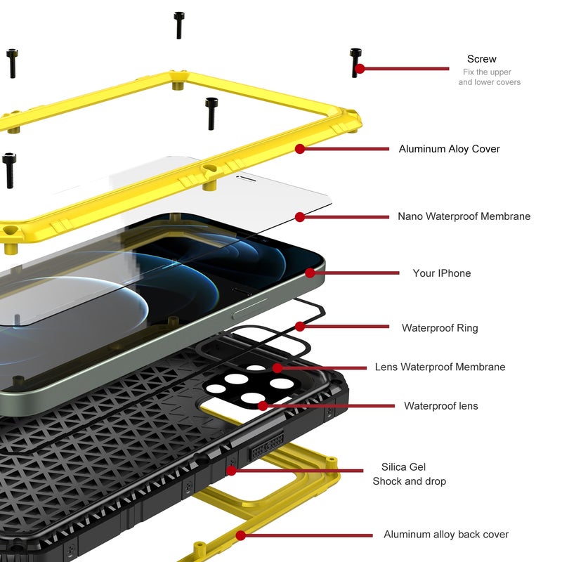 BURAQ Case Cover For iPhone 12 Pro Max Metal + Silicone Phone Case with Screen Protector(Yellow) - Image 3