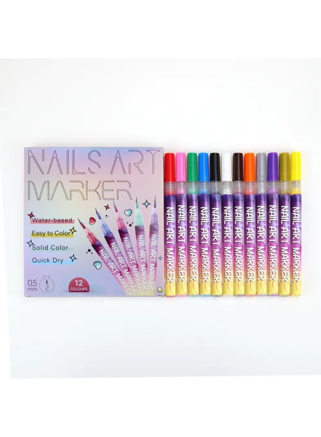 NIKITA.VIVI مجموعة أقلام تلوين الأظافر 12 لون، قلم طلاء أظافر مقاوم للماء سريع الجفاف، أقلام طلاء أكريليك لتصميم الأظافر 0.5 مم طرف دقيق لأعمال الأظافر للنساء والفتيات، مستلزمات تصميم الأظافر اليدوية - Image 2