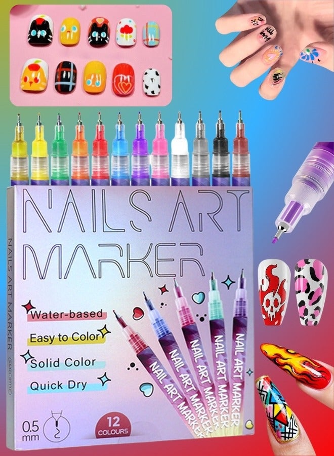 NIKITA.VIVI مجموعة أقلام تلوين الأظافر 12 لون، قلم طلاء أظافر مقاوم للماء سريع الجفاف، أقلام طلاء أكريليك لتصميم الأظافر 0.5 مم طرف دقيق لأعمال الأظافر للنساء والفتيات، مستلزمات تصميم الأظافر اليدوية - Image 1