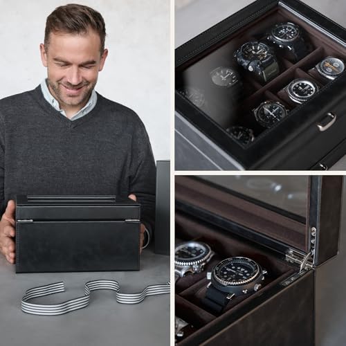 TAWBURY Watch Box for Men - 8 Slot Watch Case with Storage Drawer, Real Glass Display and Extra Wide Pillows for Large Watches (Black/Charcoal) - Image 5