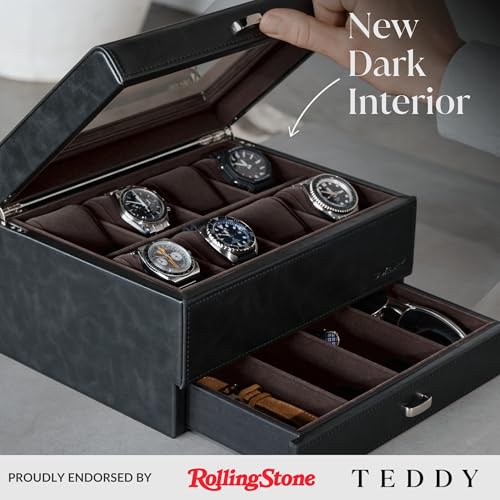 TAWBURY Watch Box for Men - 8 Slot Watch Case with Storage Drawer, Real Glass Display and Extra Wide Pillows for Large Watches (Black/Charcoal) - Image 2