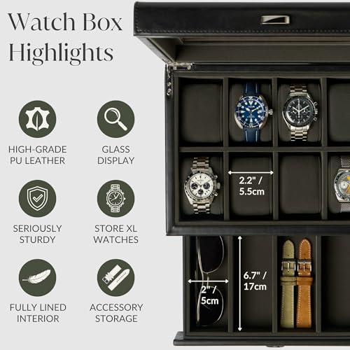 TAWBURY Watch Box for Men - 8 Slot Watch Case with Storage Drawer, Real Glass Display and Extra Wide Pillows for Large Watches (Black/Charcoal) - Image 4