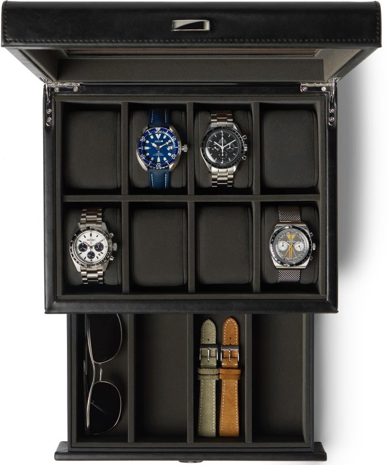 TAWBURY Watch Box for Men - 8 Slot Watch Case with Storage Drawer, Real Glass Display and Extra Wide Pillows for Large Watches (Black/Charcoal) - Image 1