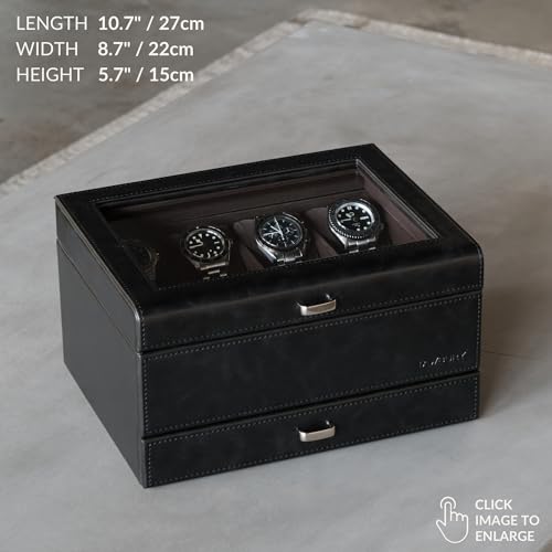 TAWBURY Watch Box for Men - 8 Slot Watch Case with Storage Drawer, Real Glass Display and Extra Wide Pillows for Large Watches (Black/Charcoal) - Image 3