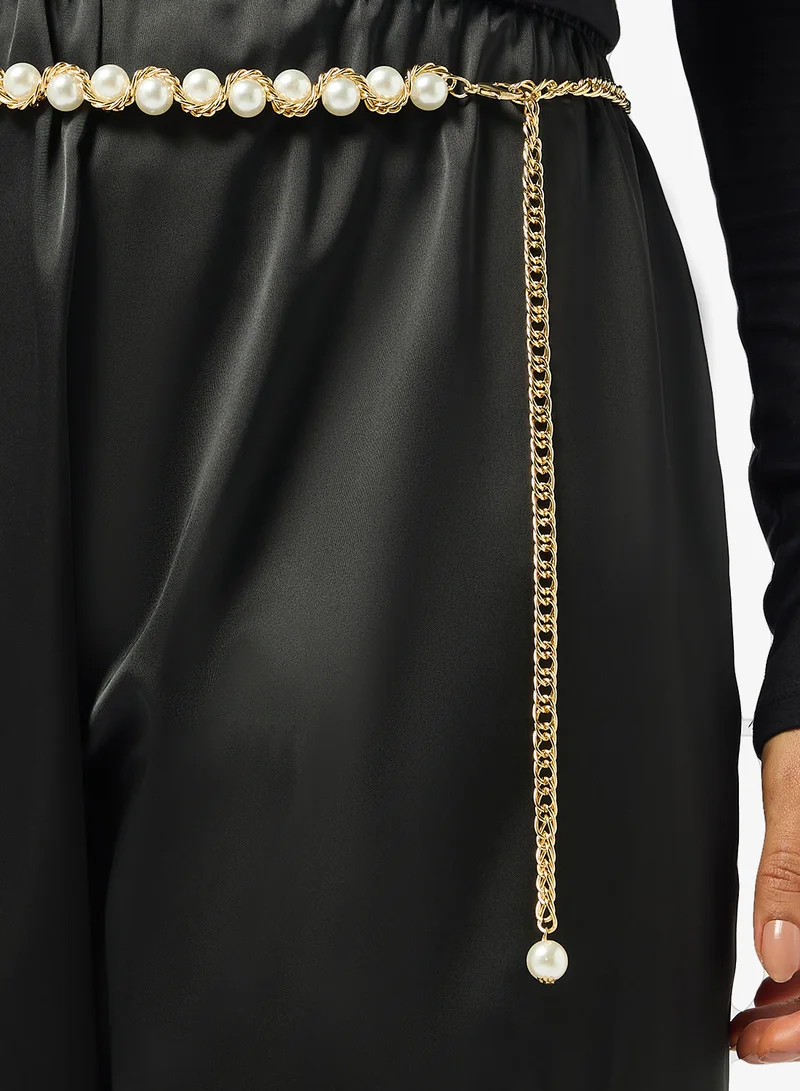 Ella Limited Edition White Golden Pearl Detail Chain Belt for Women | Best Price UAE