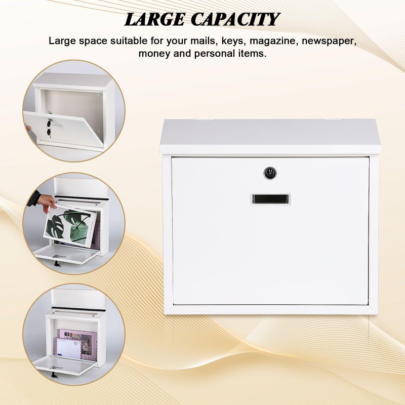 xydled Mail Boxes with Key Lock,Locking Mailbox Wall Mounted,Security Metal Mailbox Drop Box, Modern Large Capacity,Steel Cover Metal Postbox for House Home Outside, White, 14.2''x12.6''x4'' - Image 3