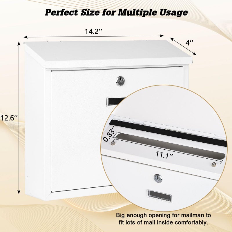 xydled Mail Boxes with Key Lock,Locking Mailbox Wall Mounted,Security Metal Mailbox Drop Box, Modern Large Capacity,Steel Cover Metal Postbox for House Home Outside, White, 14.2''x12.6''x4'' - Image 2