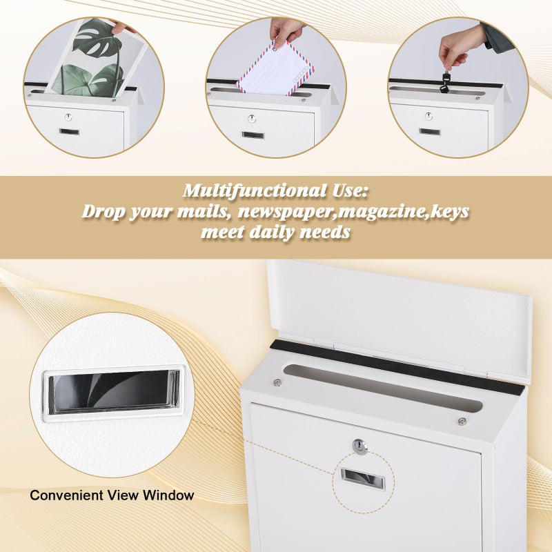 xydled Mail Boxes with Key Lock,Locking Mailbox Wall Mounted,Security Metal Mailbox Drop Box, Modern Large Capacity,Steel Cover Metal Postbox for House Home Outside, White, 14.2''x12.6''x4'' - Image 4
