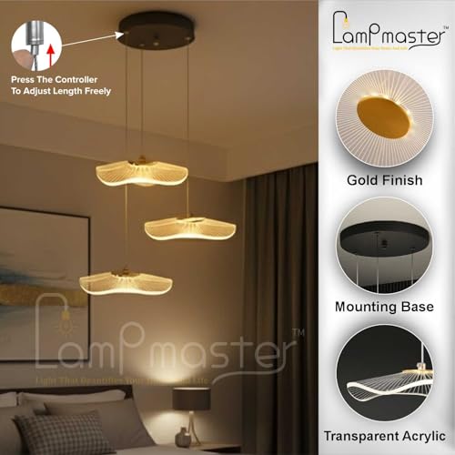 Lamp master 3 Crystal Wave Pendant Light | Modern Acrylic Chandelier with Antique Gold Finish | Elegant Wave Design Hanging Light for Living Room, Bedroom, Dining Room, Restaurants Ceiling Lamp - Image 5