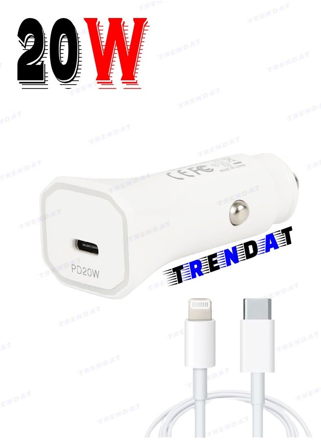 Generic 20W car charger with Type C port + charging cable from Type C to iPhone - white  - Image 1