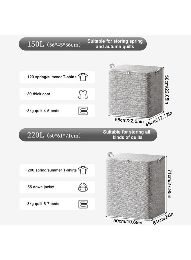 صندوقان لتخزين الملابس واللحاف، سعة كبيرة، مع سحابات ومقابض، وأكياس تخزين قماشية غير منسوجة قابلة للغسل للتنقل والتنظيم (150 لتر/قطعتان) - Image 3