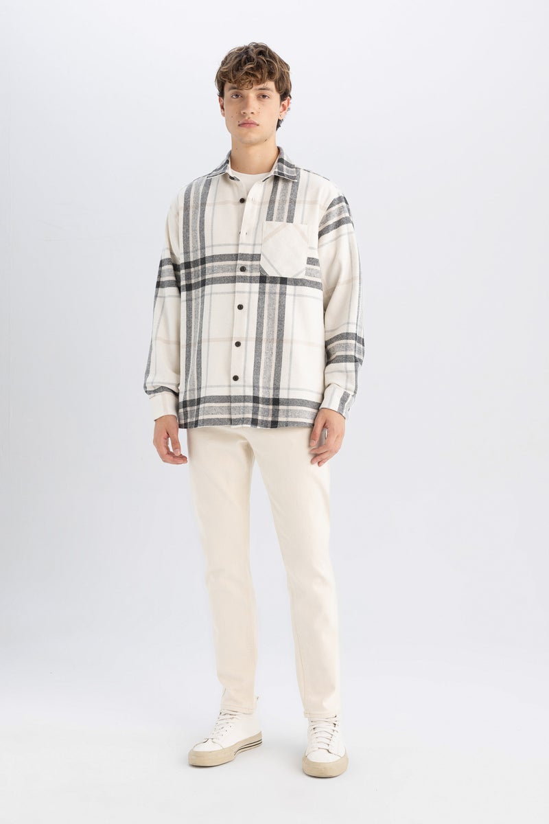 DeFacto Beige Man Regular Fit Polo Neck Plaid Long Sleeve Shirt Casual - Image 3