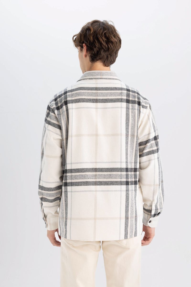 DeFacto Beige Man Regular Fit Polo Neck Plaid Long Sleeve Shirt Casual - Image 4