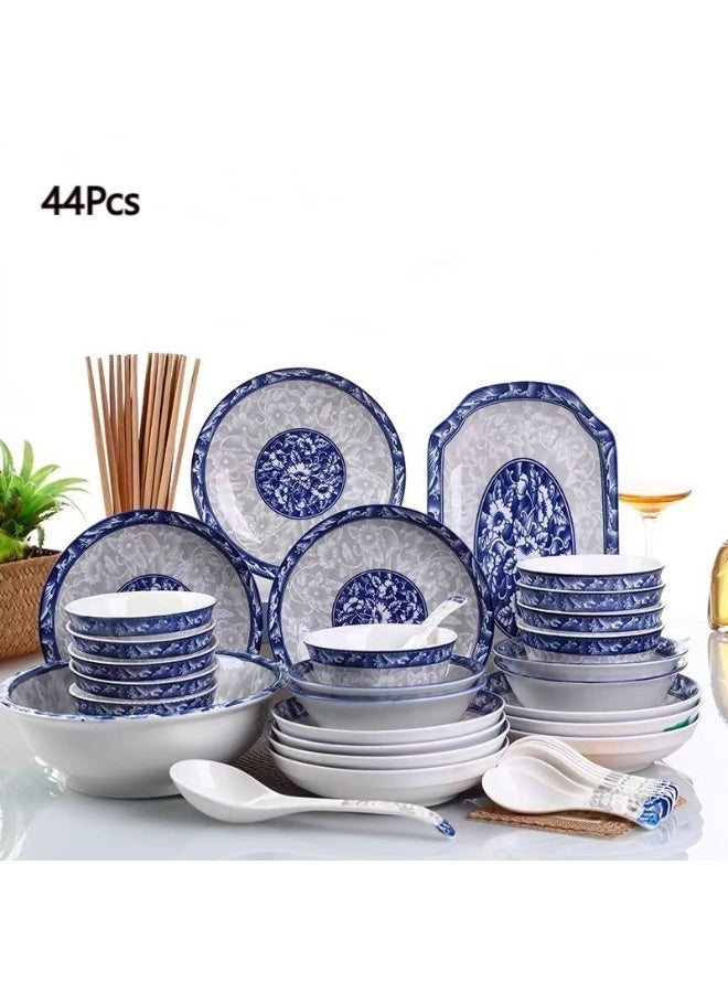  حياة القمر1 (44 قطعة) طقم أواني طعام من البورسلين الأزرق والأبيض من الدرجة الإمبراطورية، طقم مكون من 44 قطعة مناسب لـ 10 أشخاص. يشمل أطباق طعام وأطباق حساء وأطباق سمك وأطباق حساء. آمن للاستخدام في غسالة الأطباق والميكروويف. صديق للبيئة وصالح للاستخدام الغذائي. - Image 1