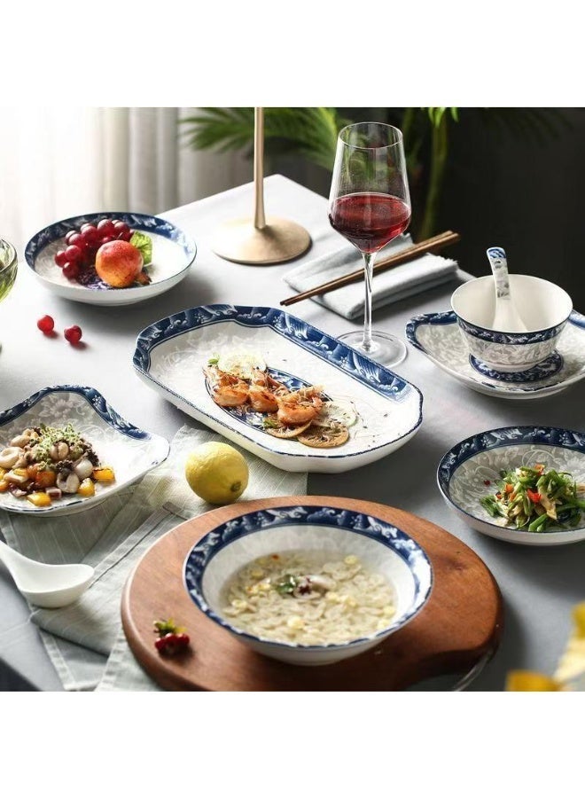  حياة القمر1 (44 قطعة) طقم أواني طعام من البورسلين الأزرق والأبيض من الدرجة الإمبراطورية، طقم مكون من 44 قطعة مناسب لـ 10 أشخاص. يشمل أطباق طعام وأطباق حساء وأطباق سمك وأطباق حساء. آمن للاستخدام في غسالة الأطباق والميكروويف. صديق للبيئة وصالح للاستخدام الغذائي. - Image 2