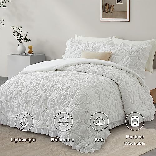 BEDAZZLED King Size Comforter Sets, White Bedding Comforter Set, 3 Pieces Pinch Pleat Bedding Sets with Comforter and Pillowcases Soft Farmhouse Shabby Chic Comforter for All Season - Image 2