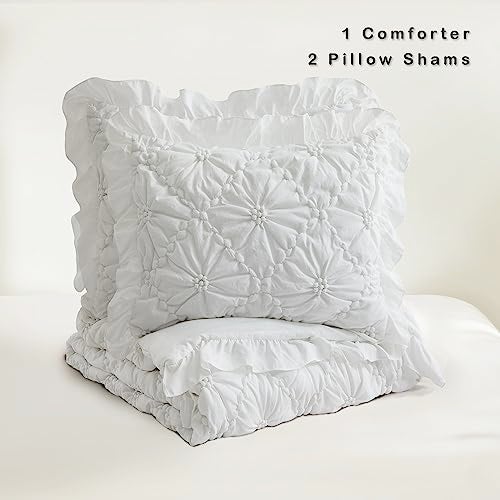 BEDAZZLED King Size Comforter Sets, White Bedding Comforter Set, 3 Pieces Pinch Pleat Bedding Sets with Comforter and Pillowcases Soft Farmhouse Shabby Chic Comforter for All Season - Image 3