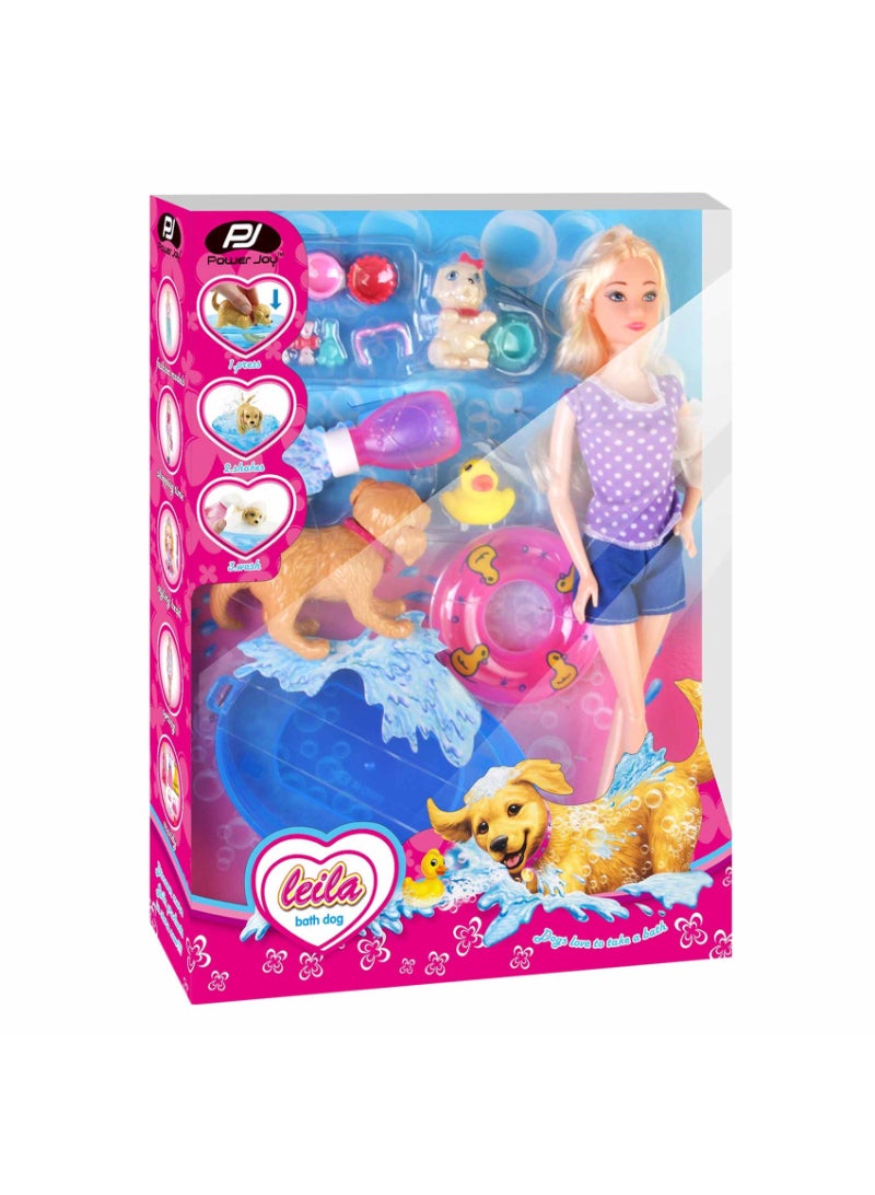 Power Joy Leila Doll With Dog Bath Set