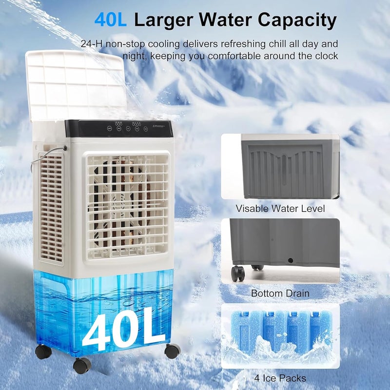 TDOO Portable Evaporative Cooler, Swamp Air Conditioner with 40L Tank, 120° Oscillation, 3 Speeds & Remote Control Air Cooler for Large Room, Garage, Yard, Commercial Use - Image 4
