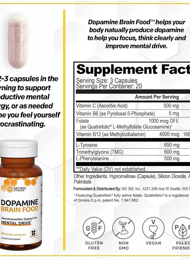 Natural Stacks - Dopamine Focus Supplement & Memory Supplement for Brain w/L-Tyrosine - Clarity & Focus - Natural Dopamine Supplements & Mood Support Supplement, 120 Capsules - Image 1