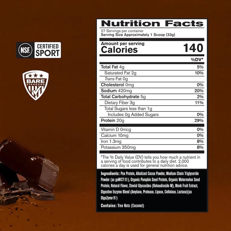 BARE PERFORMANCE NUTRITION Vegan Protein Plant Based Protein Pea Protein Watermelon Protein and Pumpkin Protein Naturally Sweetened and Flavored 27 Servings Chocolate - Image 2