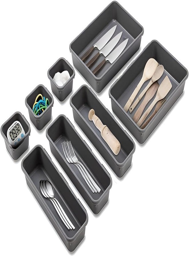 AMIRATE 8-Piece Cutlery Tray Set for Kitchen Drawers – Interlocking Plastic Drawer Organizer Tray for Spoons, Knives, Forks & Utensils – Modular Desk & Drawer Storage Bins for Home & Office - Image 3
