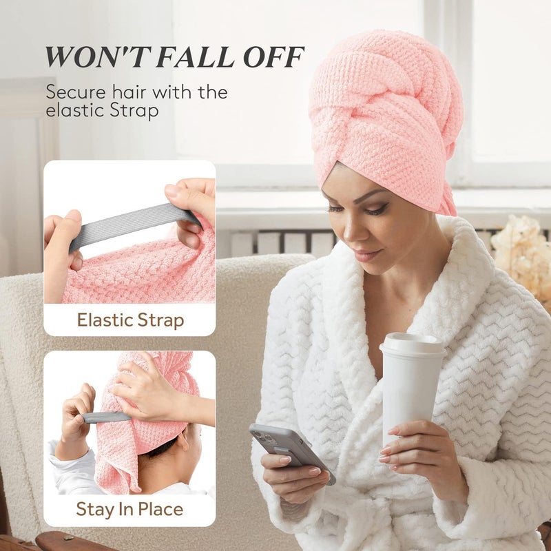 YFONG Large Microfiber Hair Towel Wrap for Women, Soft Hair Drying Towel with Elastic Band, Fast Drying Hair Turbans for Wet Curly Long Hair, Microfiber Towel for Hair Anti Frizz 26.3" X 40" (Pink) - Image 4