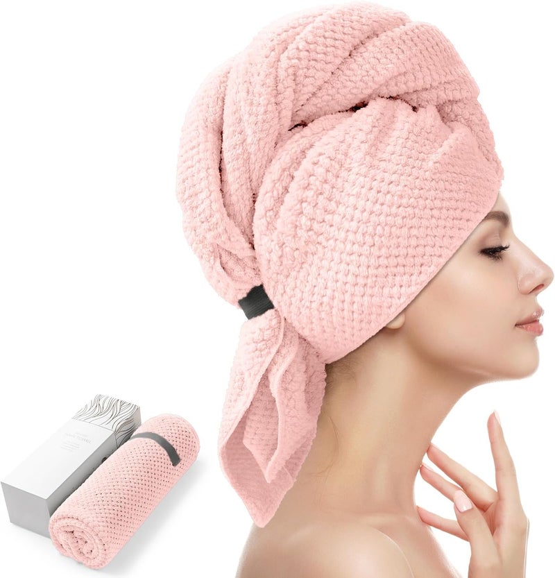 YFONG Large Microfiber Hair Towel Wrap for Women, Soft Hair Drying Towel with Elastic Band, Fast Drying Hair Turbans for Wet Curly Long Hair, Microfiber Towel for Hair Anti Frizz 26.3" X 40" (Pink) - Image 1